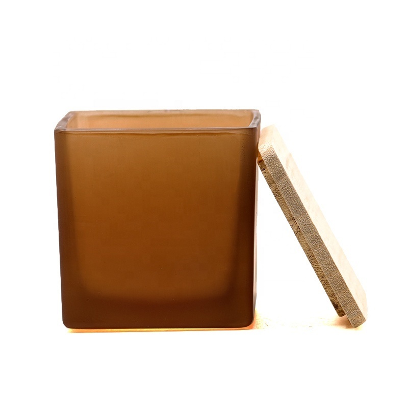 Customized Color and Size Amber square glass candle holder with wood lid glossy frosted candle jar