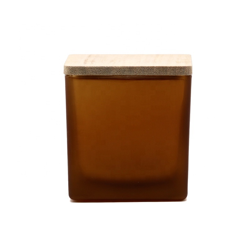 Customized Color and Size Amber square glass candle holder with wood lid glossy frosted candle jar