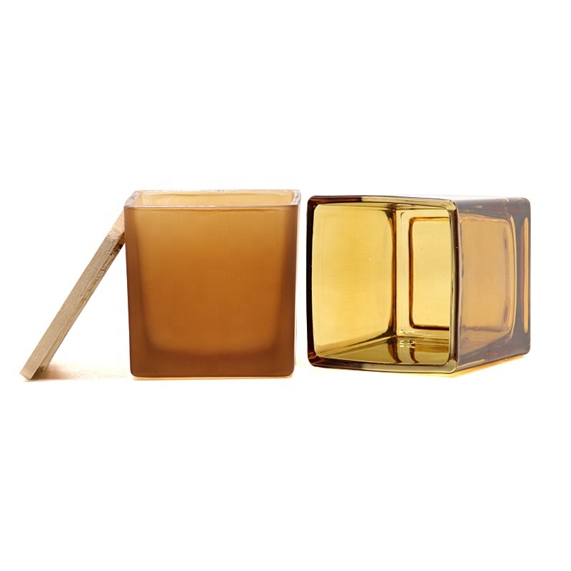 Customized Color and Size Amber square glass candle holder with wood lid glossy frosted candle jar