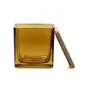 Customized Color and Size Amber square glass candle holder with wood lid glossy frosted candle jar