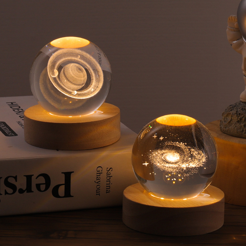 3d crystal ball crystal planet night light with wood base usb led night light galaxy crystal ball table lamp