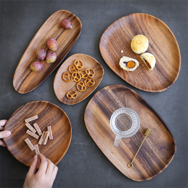 Japanese Creative Oval Irregular Teak Plate Acacia Wooden Plates Set Dishes Acacia Serving Tray High Quality Hot Wood Tray