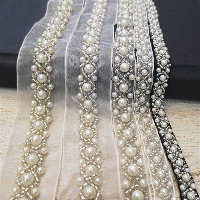 Lace Applique Beaded Tape Handmade Trimming Seed Dress Hotsale Pearl Trim For Wedding