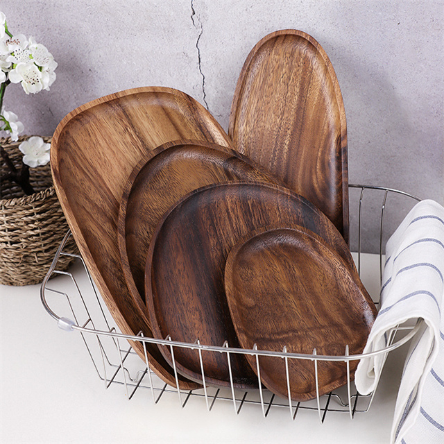 Japanese Creative Oval Irregular Teak Plate Acacia Wooden Plates Set Dishes Acacia Serving Tray High Quality Hot Wood Tray