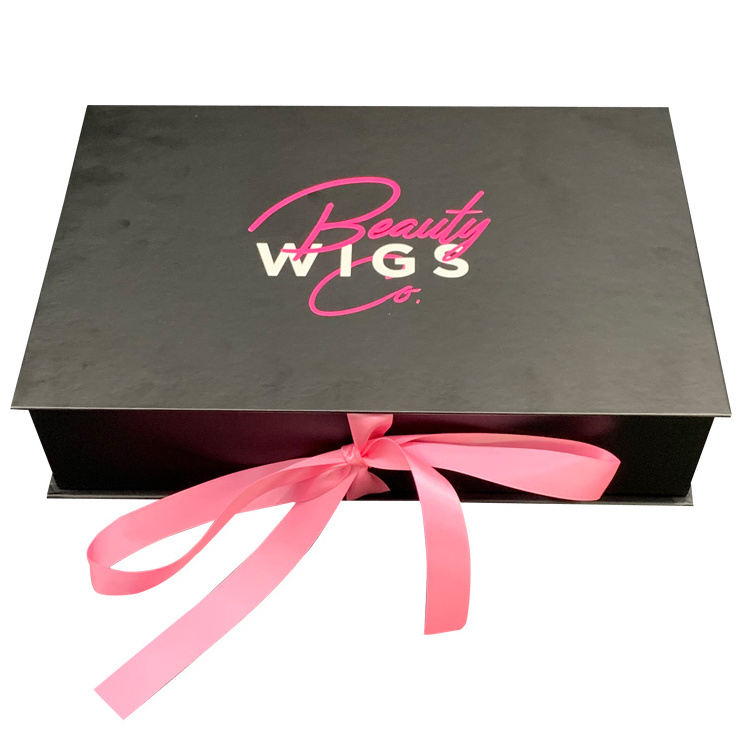 Wholesale Custom Logo Black Wig Hair Extensions Packaging Boxes Human Virgin Hair Gift Box Apparel Box Insert Satin With Ribbon