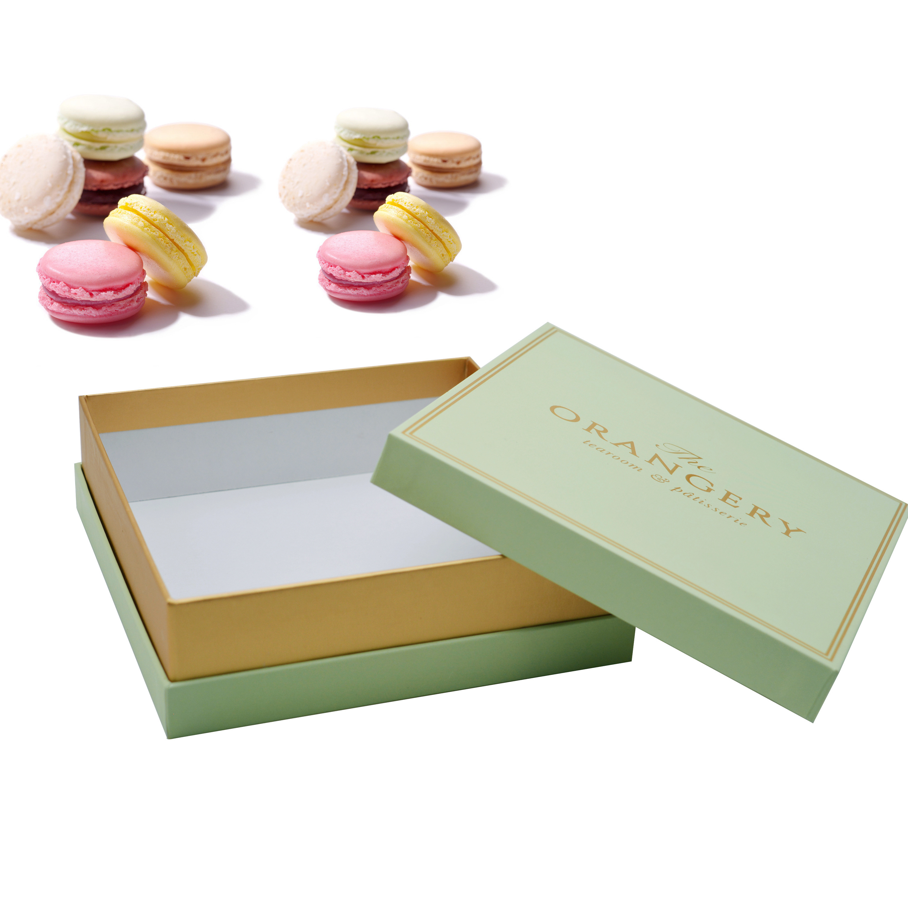 Custom Printed Macaron Gift  Box Packaging with Plastic Tray Pastry Gold Lid Box with Lining for Tea Truffle Chocolate Sweet