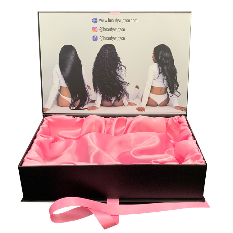 Wholesale Custom Logo Black Wig Hair Extensions Packaging Boxes Human Virgin Hair Gift Box Apparel Box Insert Satin With Ribbon