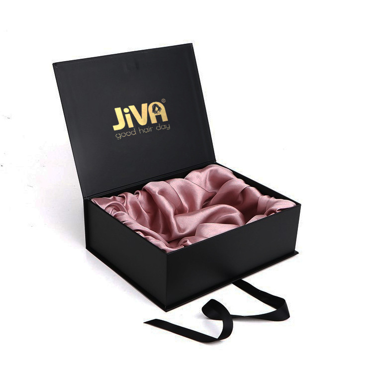 Hair Extension Cardboard Gift Box with Satin Wigs Black Magnetic Flip Makeup Box Packaging Bow for Christmas Tea Clothes Watch