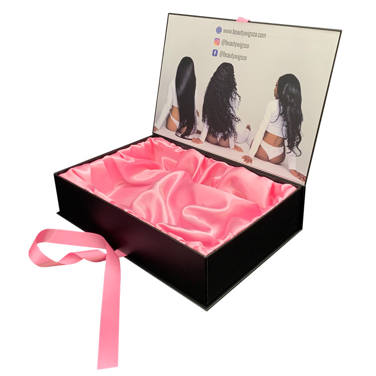 Wholesale Custom Logo Black Wig Hair Extensions Packaging Boxes Human Virgin Hair Gift Box Apparel Box Insert Satin With Ribbon