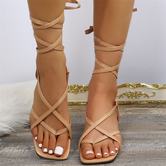 Ready to ship low MOQ block heel square toe PU women's rope sandals