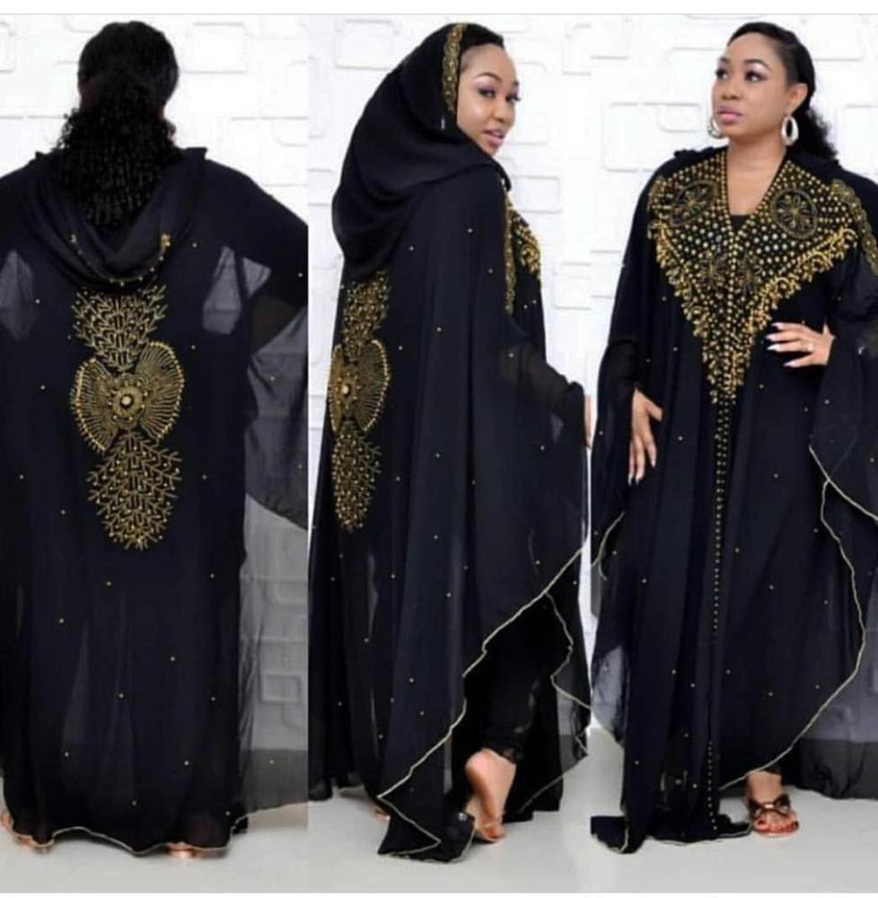 African hot-selling beaded long shawl hooded cloak  muslim black cape style stone design abaya