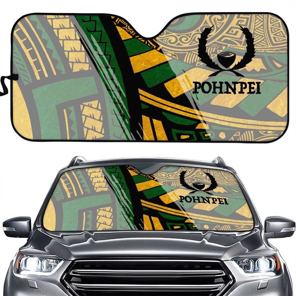 Car Front Sunshade Polynesian Tribal Pohnpei Logo Green and Yellow Pattern Print Custom Universal Car Sun Shade Umbrella Cover