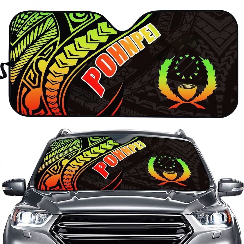 Car Front Sunshade Polynesian Tribal Pohnpei Logo Green and Yellow Pattern Print Custom Universal Car Sun Shade Umbrella Cover