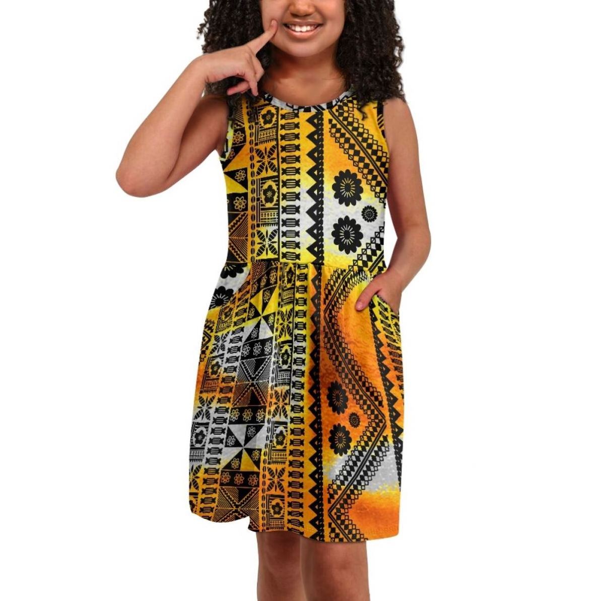 Polynesian Tribal Clothing Samoa Fiji Print Sundress Custom Summer Party Sleeveless Tank Dress With Pockets For Kids Girls