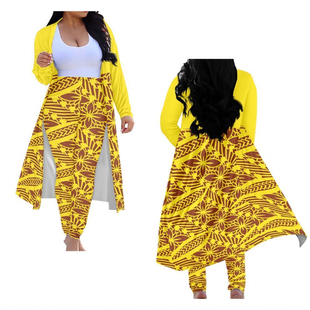 Polynesian Tribal Samoan Tongan Custom Clothing Designer Women's Outdoor Warm Fashion Outerwear Cloak And Long Pants 2 Piece Set