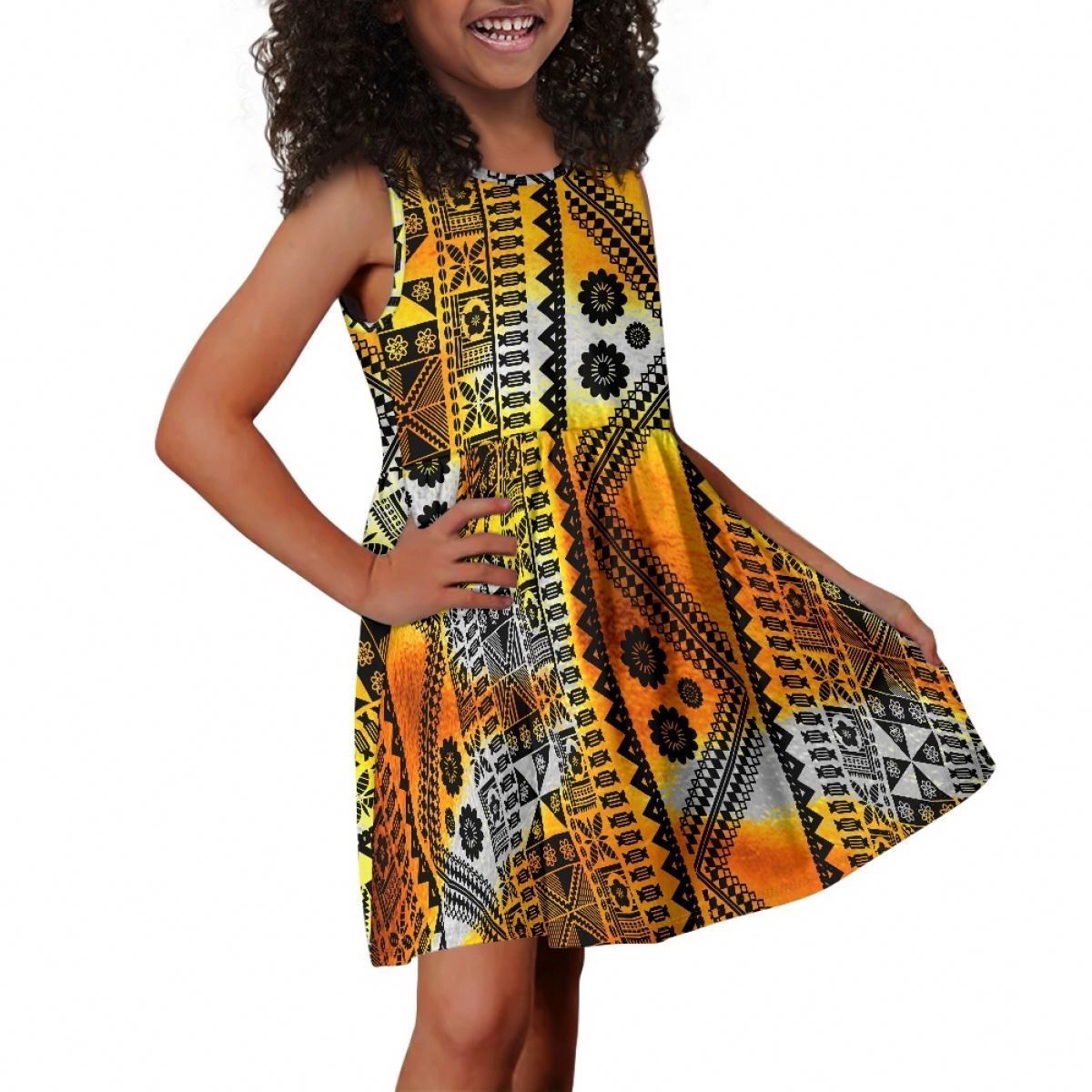 Polynesian Tribal Clothing Samoa Fiji Print Sundress Custom Summer Party Sleeveless Tank Dress With Pockets For Kids Girls