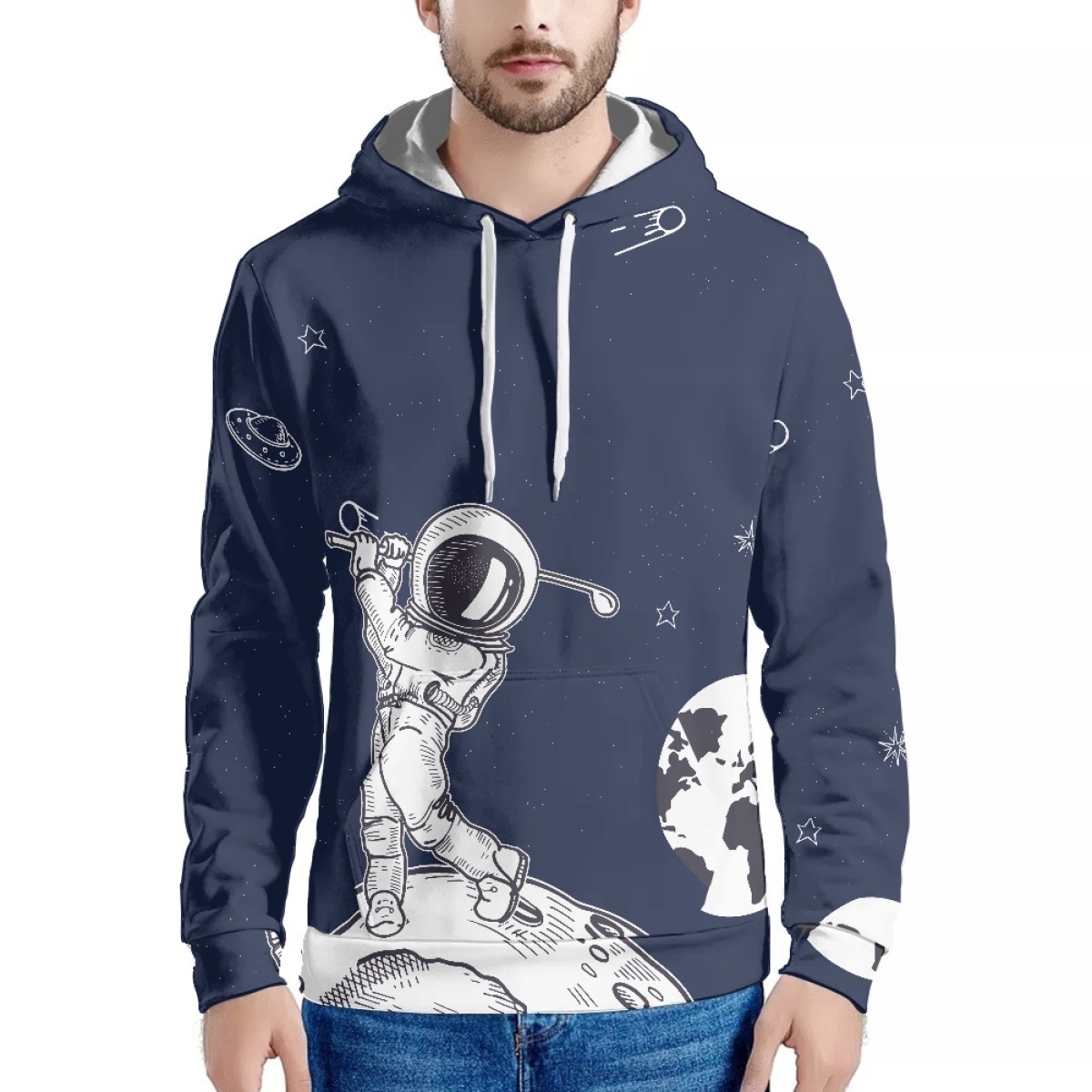 Fashion Sweatshirt Hoodie Polyester  Astronaut Rides A Rocket In Space Pullover Circle Style Hoodie All Over Print Thin Hoodie