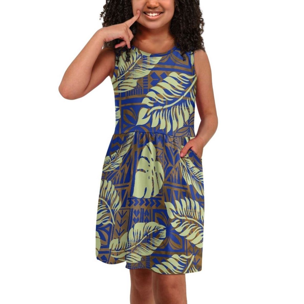 Custom Summer Party Sleeveless Tank Dress For Kids Girls Polynesian Tribal Clothing Tapa Samoa Tiare Print Sundress With Pockets