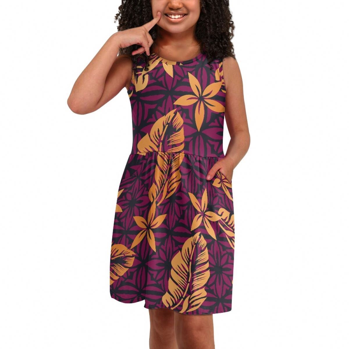 Polynesian Tribal Clothing Samoa Fiji Print Sundress Custom Summer Party Sleeveless Tank Dress With Pockets For Kids Girls