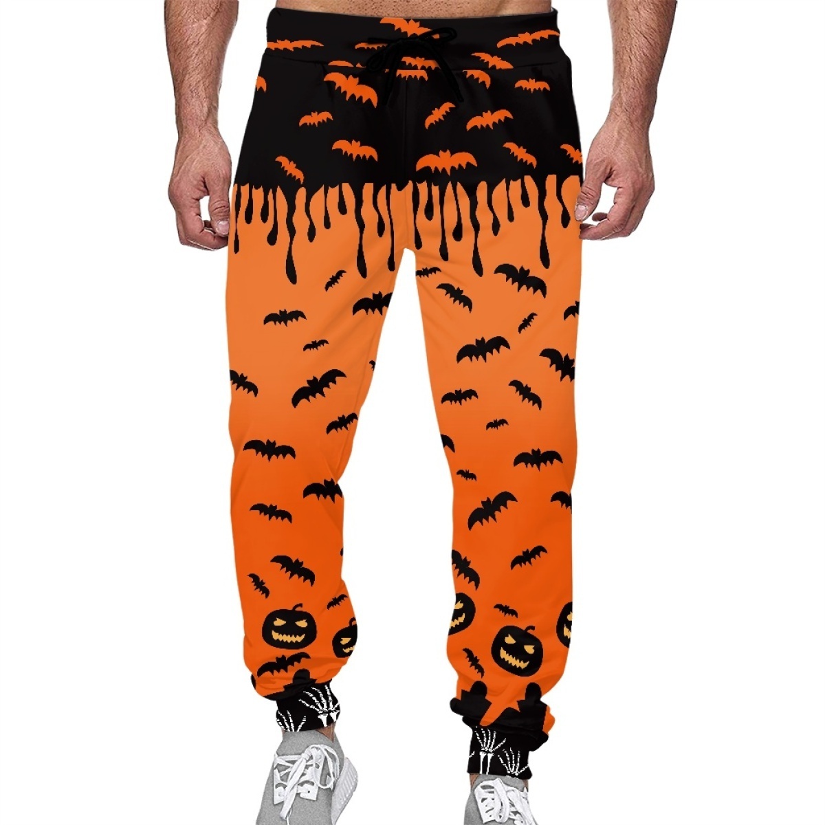 Halloween Limited Hot Sale Custom Sports Running Trousers With Pockets Pumpkin Human Skeleton Pattern Elastic Drawstring Pants