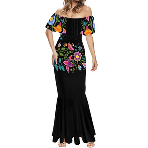 Off Shoulder Dresses Embroidery for Mexican Design Clothing Plus Size Cocktail Dress Formal Elegant Fishtail Dress Drop Shipping