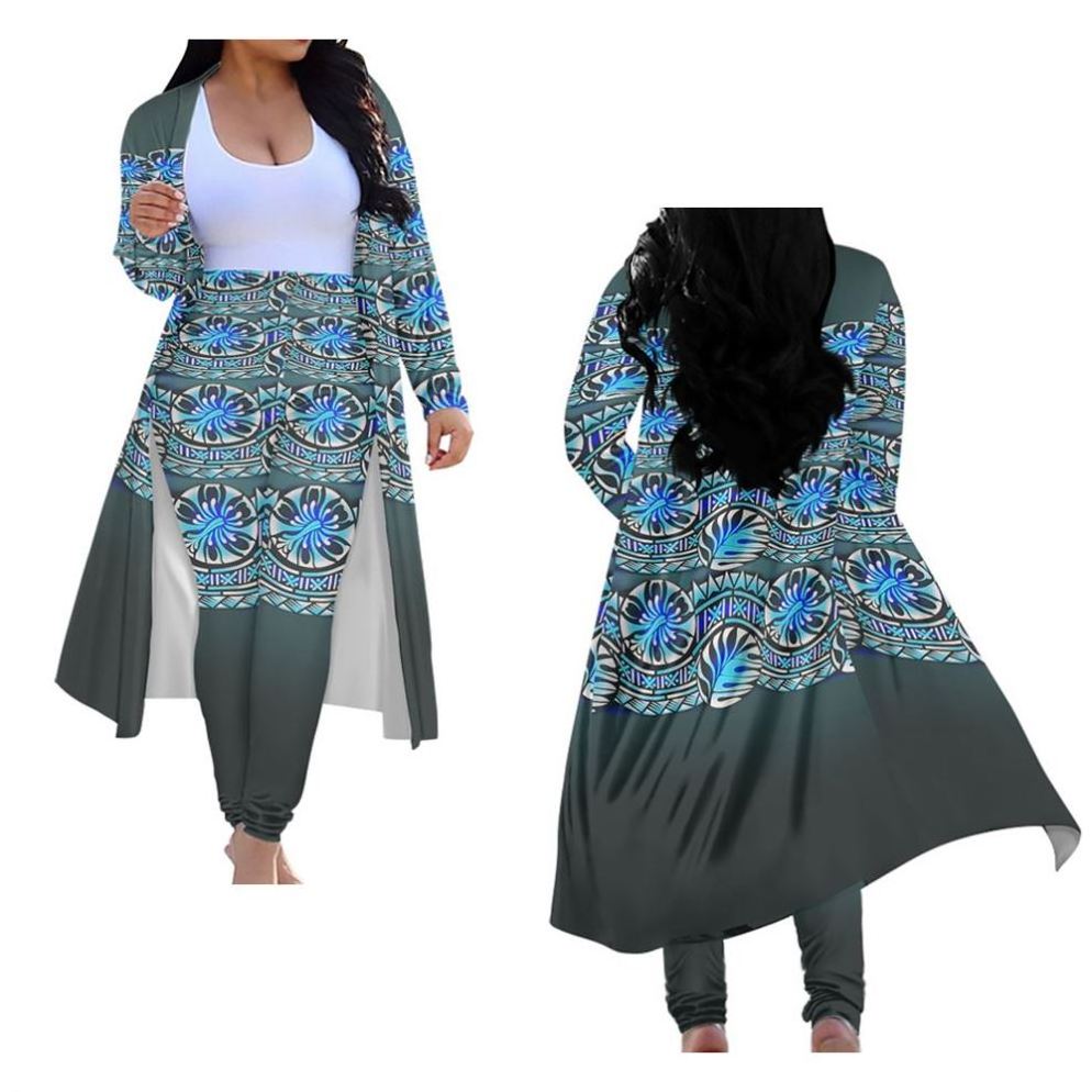 Polynesian Tribal Samoan Tongan Custom Clothing Designer Women's Outdoor Warm Fashion Outerwear Cloak And Long Pants 2 Piece Set