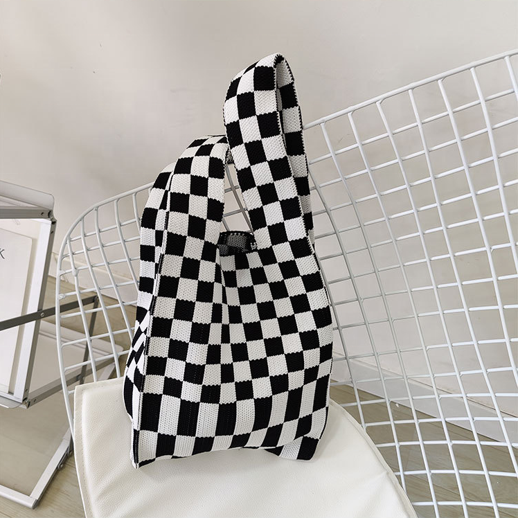 New Designer Knitted Hand Bag Shopping Unique Bag Checkerboard Tote Handbag