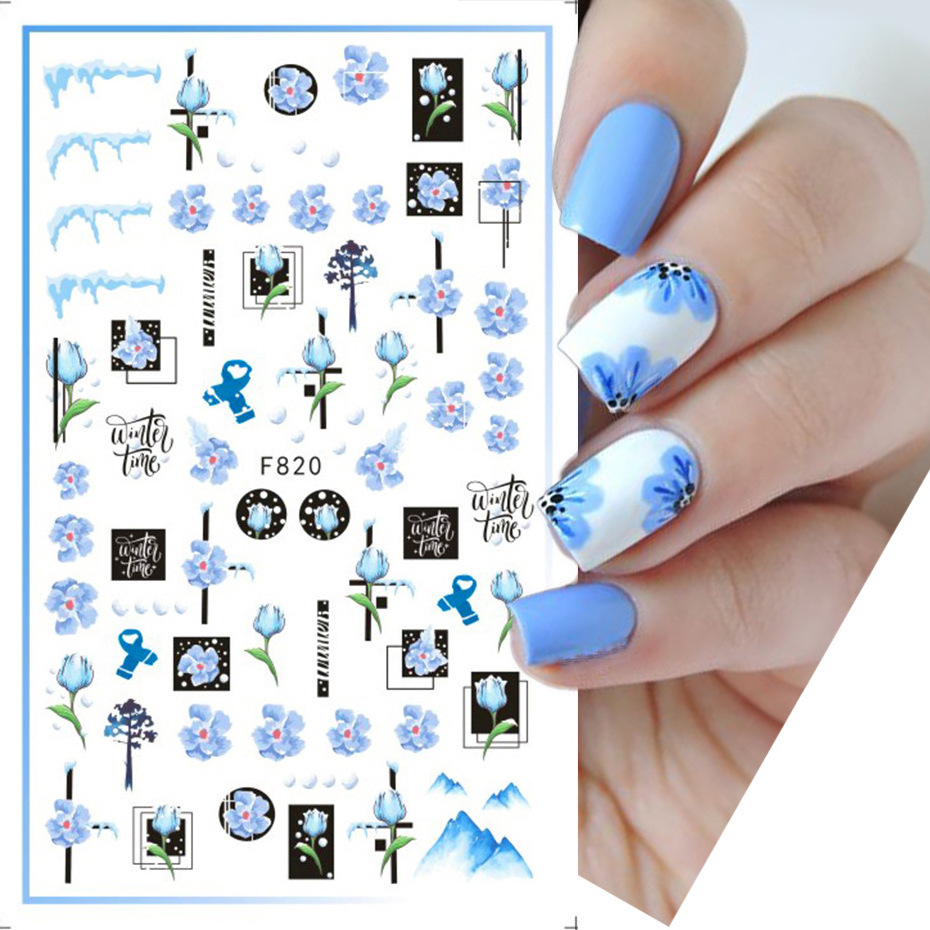 Autumn and Winter Blue Romantic Line Flower Bird Butterfly Nail Stickers