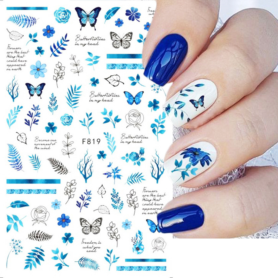 Autumn and Winter Blue Romantic Line Flower Bird Butterfly Nail Stickers