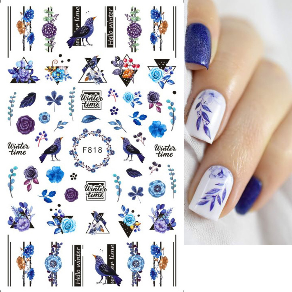 Autumn and Winter Blue Romantic Line Flower Bird Butterfly Nail Stickers