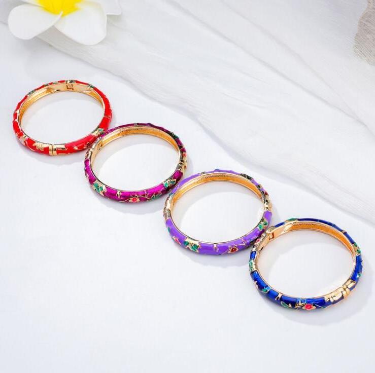 Traditional Peony Flowers Chinese Bracelet Cloisonne Enamel Split Bangles For Women Fashion Jewelry