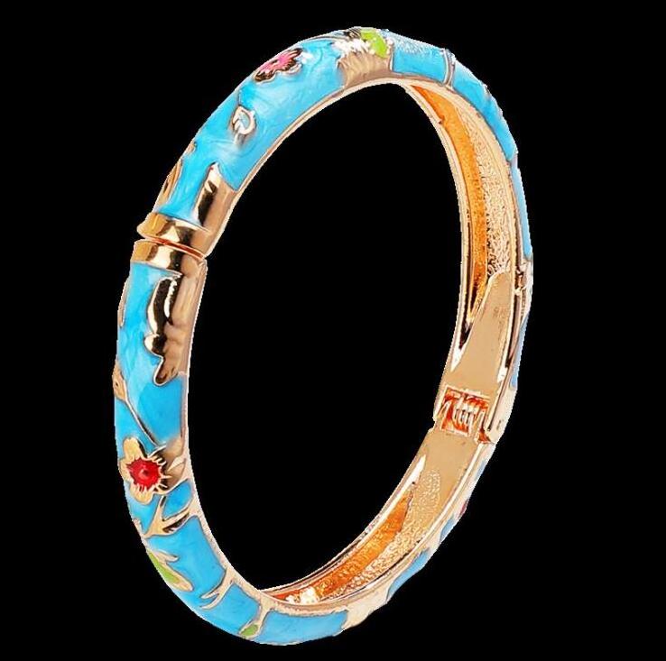 Traditional Peony Flowers Chinese Bracelet Cloisonne Enamel Split Bangles For Women Fashion Jewelry