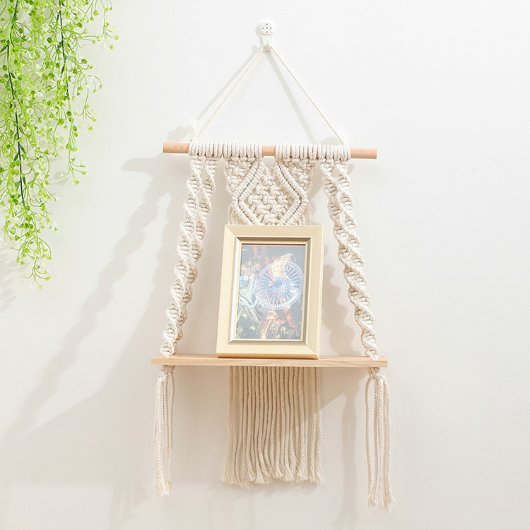 Macrame Wall Hanging Plant Decor Shelf Indoor Outdoor Floating Wood shelve Decorative Hand Made Rope Boho Shelving for Plants