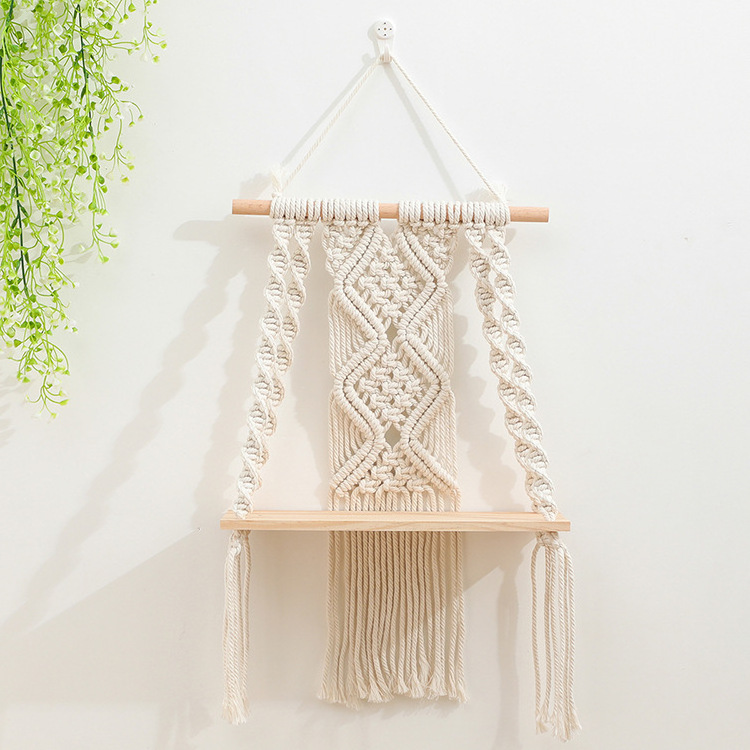 Macrame Wall Hanging Plant Decor Shelf Indoor Outdoor Floating Wood shelve Decorative Hand Made Rope Boho Shelving for Plants