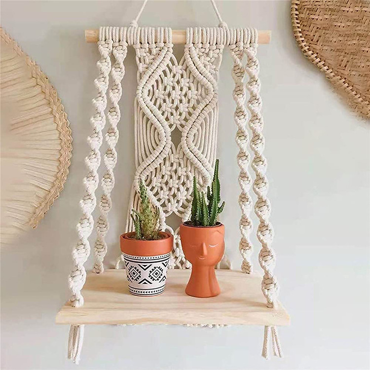 Macrame Wall Hanging Plant Decor Shelf Indoor Outdoor Floating Wood shelve Decorative Hand Made Rope Boho Shelving for Plants