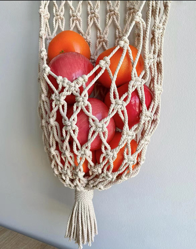 Custom Boho Handmade Kitchen Storage Wall Hanging Bag Macrame Fruit Hammock Storage Basket