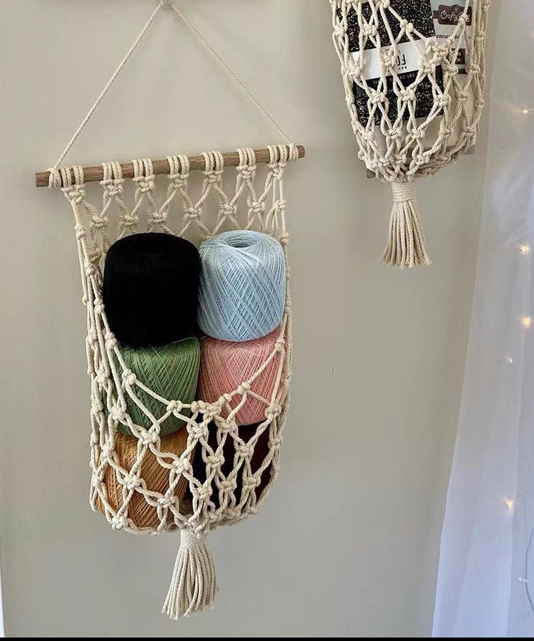 Custom Boho Handmade Kitchen Storage Wall Hanging Bag Macrame Fruit Hammock Storage Basket