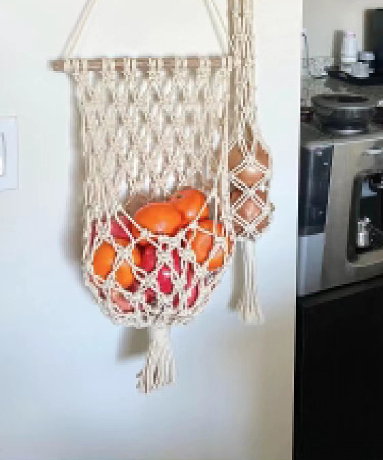 Custom Boho Handmade Kitchen Storage Wall Hanging Bag Macrame Fruit Hammock Storage Basket