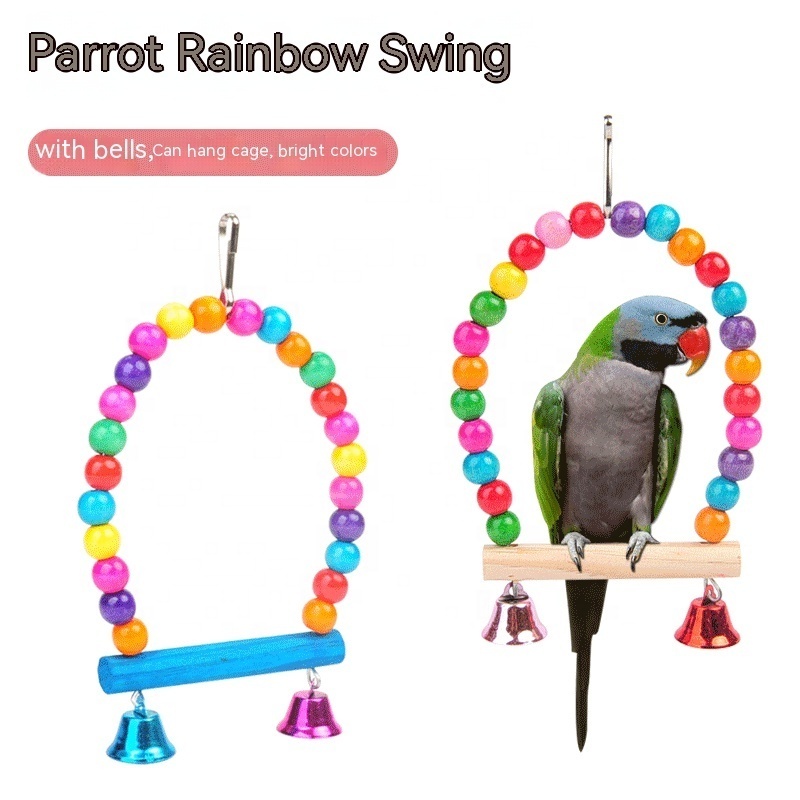 Colorful Wooden Bird Cage Hanging Chewing Perch and Swing Hammock Toy Parrot Swing Accompany Toy