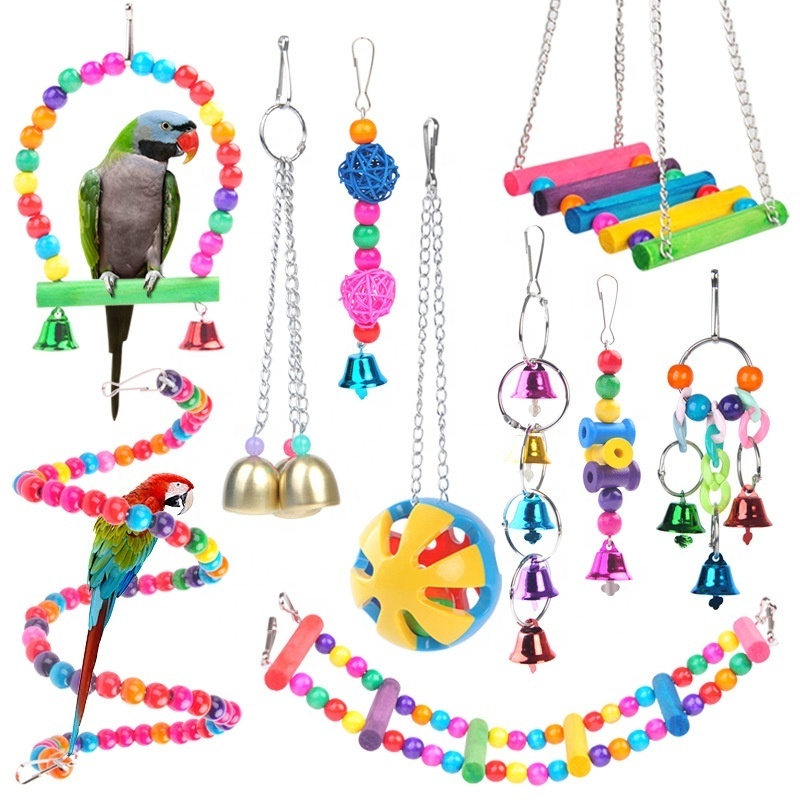 Colorful Wooden Bird Cage Hanging Chewing Perch and Swing Hammock Toy Parrot Swing Accompany Toy