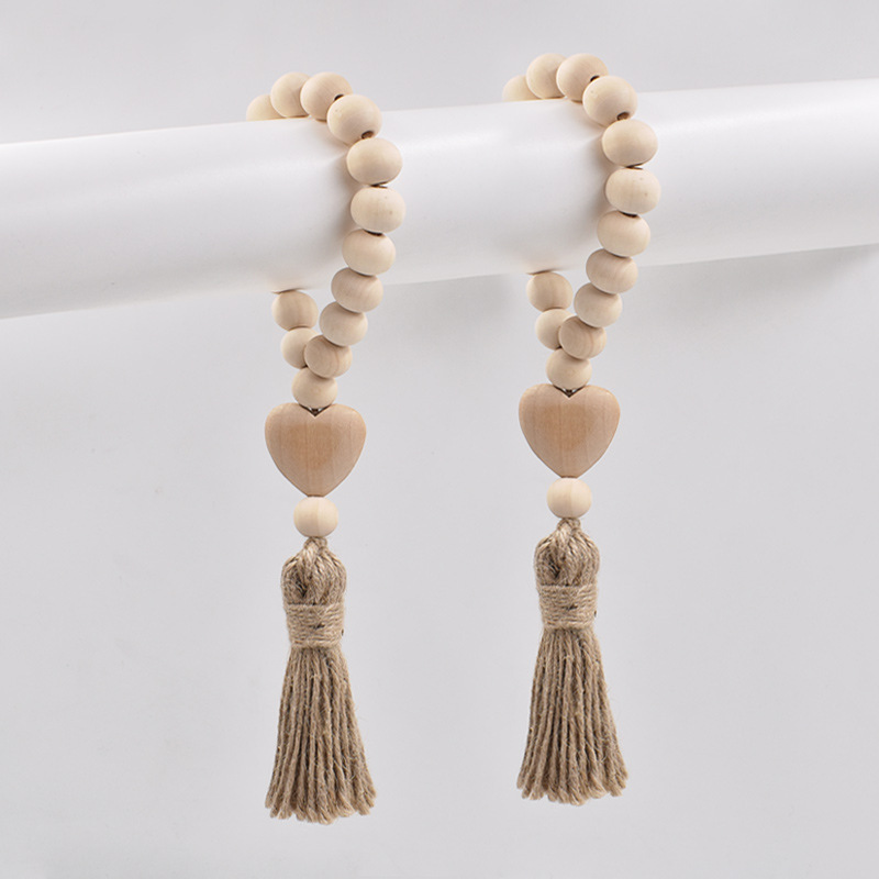 Farmhouse Tassels Beads With Heart Wood Bead Garland Rustic Country Decor Prayer Beads for Home Door Knob Decoration