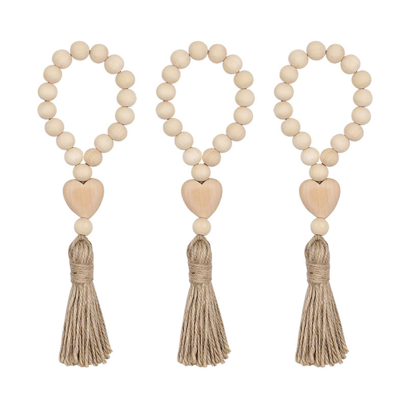 Farmhouse Tassels Beads With Heart Wood Bead Garland Rustic Country Decor Prayer Beads for Home Door Knob Decoration