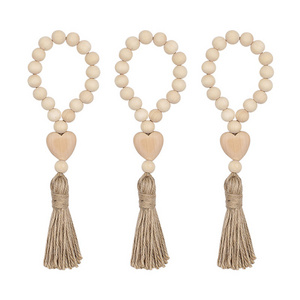 Farmhouse Tassels Beads With Heart Wood Bead Garland Rustic Country Decor Prayer Beads for Home Door Knob Decoration