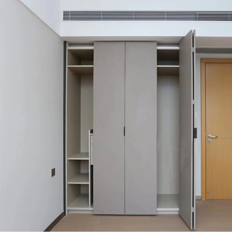 JOYEDA Grey Folding Door Wardrobe with Top Cabinets For Bedroom Furniture