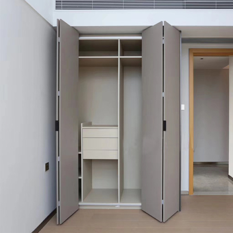 JOYEDA Grey Folding Door Wardrobe with Top Cabinets For Bedroom Furniture