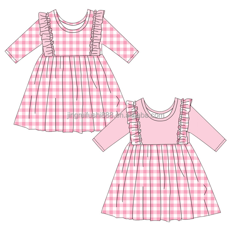 Boutique Pink Checkered Casual Dress for Children Baby Girls Long Sleeve Ruffle Style Mini Princess Dress