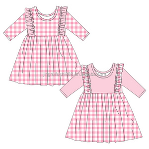 Boutique Pink Checkered Casual Dress for Children Baby Girls Long Sleeve Ruffle Style Mini Princess Dress