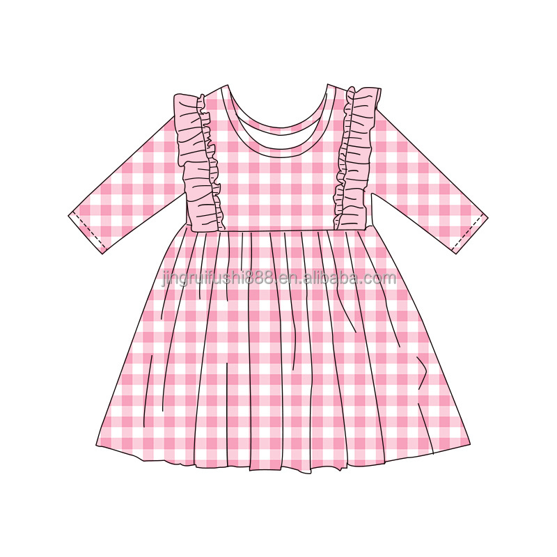 Boutique Pink Checkered Casual Dress for Children Baby Girls Long Sleeve Ruffle Style Mini Princess Dress