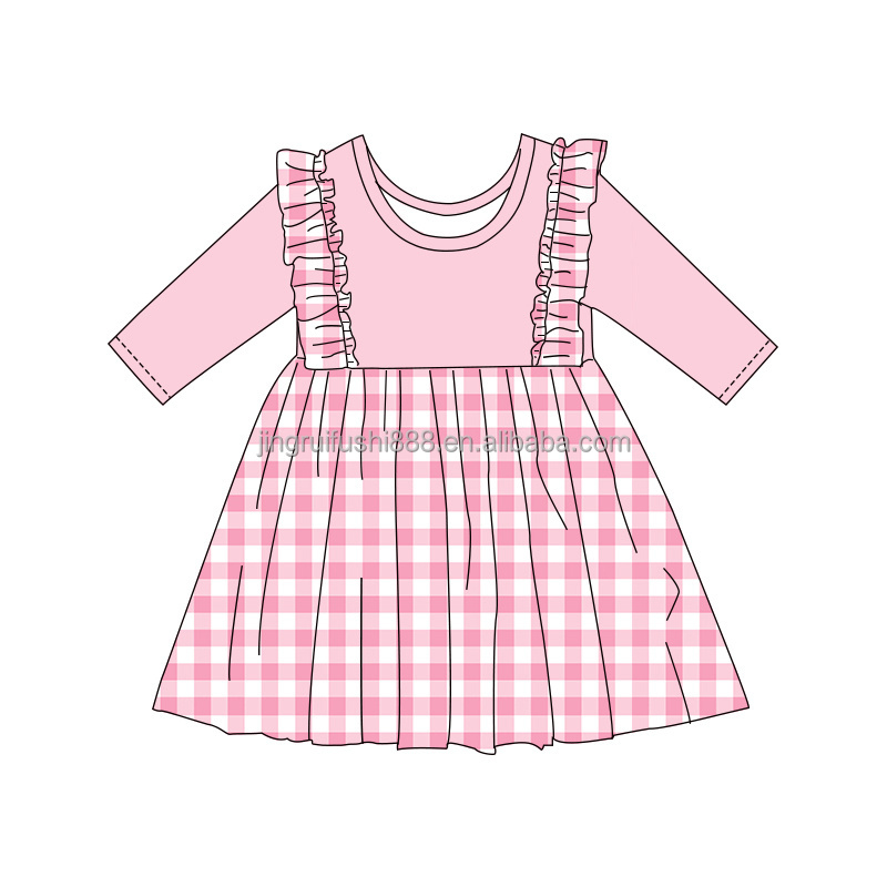 Boutique Pink Checkered Casual Dress for Children Baby Girls Long Sleeve Ruffle Style Mini Princess Dress