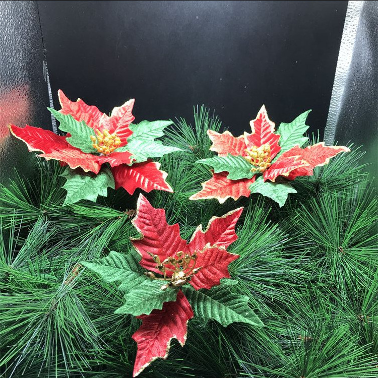 Christmas Decorative Silk Poinsettia Flower Christmas Decor Flower Glitter Poinsettia Flower